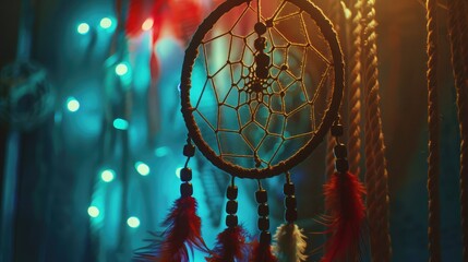 dream catcher, Dream catcher with feathers threads and beads rope hanging and nice bokeh background - art picture with depht of focus,A dream catcher hanging from a tree in the snow.

 - obrazy, fototapety, plakaty