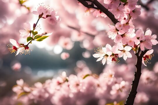 A high-definition capture of pink-petaled cherry blossoms in exquisite detail, set against a gracefully blurred backdrop for a truly enchanting scene.