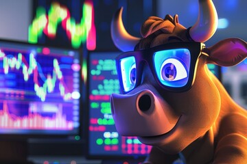 A cute bull with glasses is sitting at the computer and looking into a glowing neon trading chart. Colorful charts are on the screen  - obrazy, fototapety, plakaty