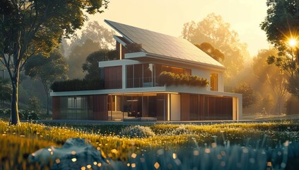 Photo of modern house with solar panels on the roof, green energy concept, photorealistic, cinematic view, natural light, sun rays and shadows - obrazy, fototapety, plakaty