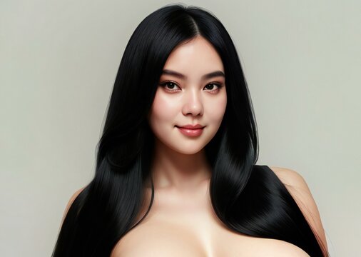 Portrait of a beautiful young asian woman with black long straight hair