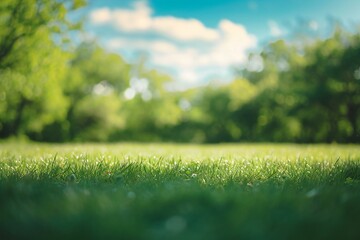 Green grass in the park with bokeh background, spring nature