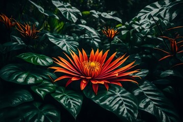 colorful flower on dark tropical foliage nature background