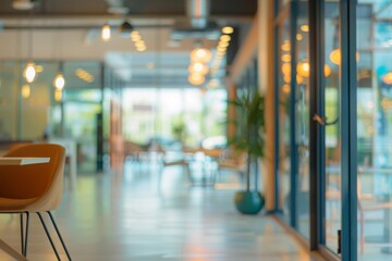 Blurred background of a modern office interior with large windows and sunlight, a panoramic view from the window to outside. Background for a design presentation or business concept idea. 