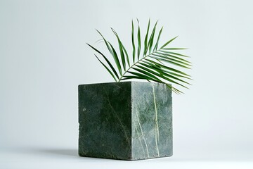 Green palm leaf in a concrete vase on white background with copy space