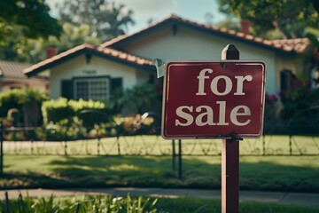A red "for sale" real estate sign in front of a beautiful home