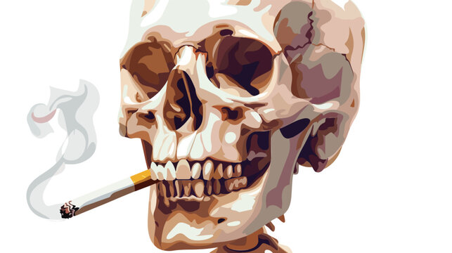 Human smoker skull hold cigarette on mouth Flat vector