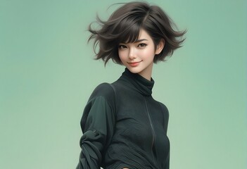 Portrait of a beautiful asian woman in black dress with flying hair - obrazy, fototapety, plakaty