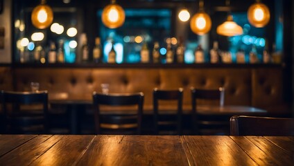 empty wooden table with blurred bokeh background of night cafe - Powered by Adobe