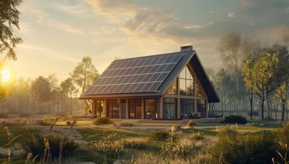 Obraz premium 3d rendering of modern house with solar panels on roof and sun light. green energy concept, photovoltaic system for sustainable future
