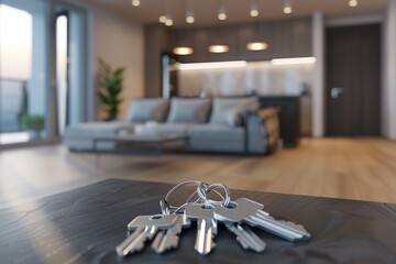 3D rendering of keys on a table in a modern apartment interior with a blurred living room and kitchen in the background. Close-up view, the focus is on the house keys. 