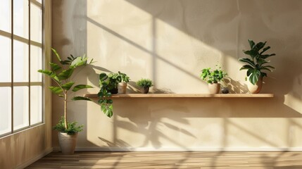 D rendering of an empty wooden shelf on the wall in a minimal modern room with a window and plants, sunlight coming through the window. The shelf is rendered in the style of a minimal modern aesthetic