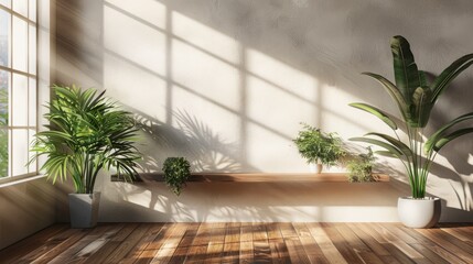 D rendering of an empty wooden shelf on the wall in a minimal modern room with a window and plants, sunlight coming through the window. The shelf is rendered in the style of a minimal modern aesthetic