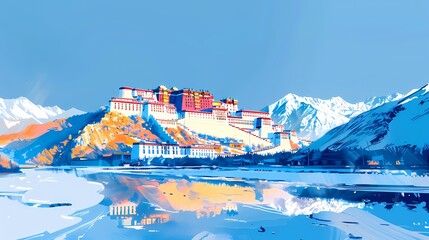 Palace under the snow mountain meticulous painting landscape abstract poster background