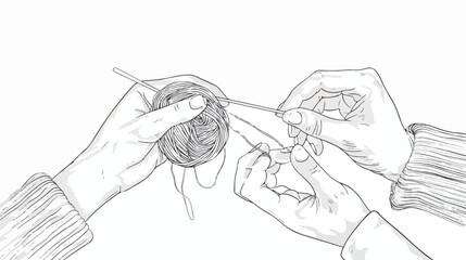 Line art knitting hands. Vector illustration of knitt