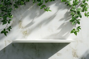 Empty white shelf on cement wall with green leaves