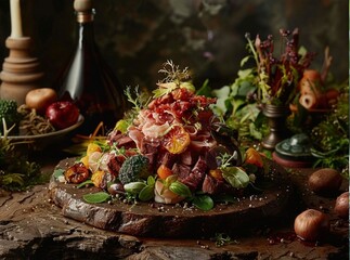 Composition of meat salads in high fantasy style. Culinary fantasies