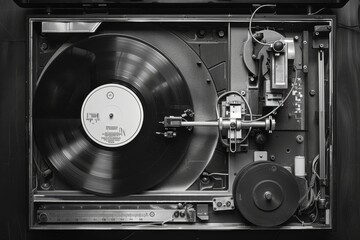 Fototapeta premium A black and white photo of a record player with a record on it