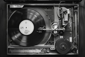 A black and white photo of a record player with a record on it
