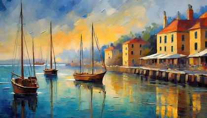  Paint a vintage harbor scene with sailboats and coastal architecture, using oil techniques. Generative AI. © hanifa