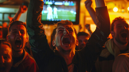 a group of fans at the moment a goal is scored in a bar 
