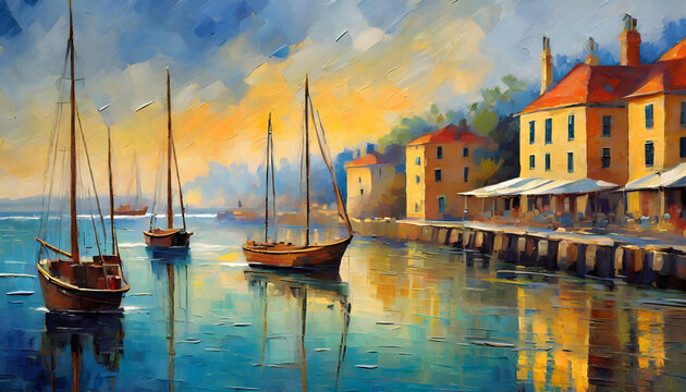 Paint a vintage harbor scene with sailboats and coastal architecture, using oil techniques. Generative AI.