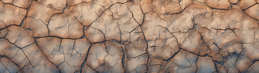 Aerial perspective of a cracked, dry riverbed in a desert expanse.