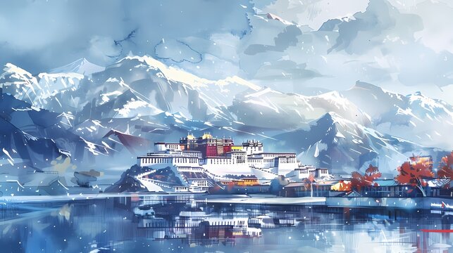 Palace under the snow mountain meticulous painting landscape abstract poster background