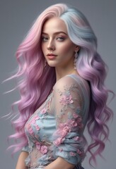 Portrait of a beautiful young woman with pink hair and blue dress