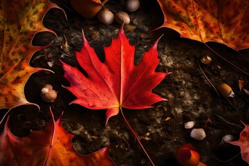 A close-up of a single autumn maple leaf resting gracefully on the forest floor, showcasing its rich red hues.