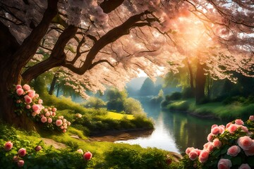 An HD image that captures the essence of a magical morning, with the sun casting its warm light on green trees, water, and a profusion of roses and cherry blossoms. - obrazy, fototapety, plakaty
