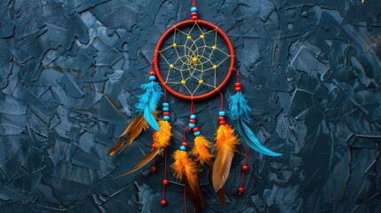 Dreamcatcher against a white blur of snow,Dream catcher with feathers threads and beads rope hanging. Dreamcatcher handmade,  dream catcher close up 