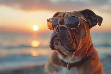 dog on the beach, english bulldog puppy, english bulldog portrait - obrazy, fototapety, plakaty