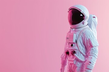 A man in a white space suit stands in front of a pink background