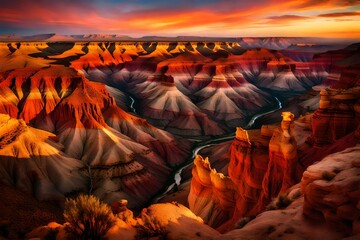 The canyon's rugged terrain is bathed in a stunning array of colors during this enchanting sunset.