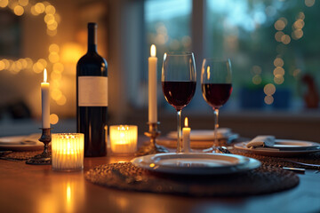 Intimate Dinner Setting with Wine and Candles.