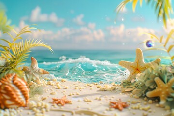 A beach scene with a wave and two starfish - obrazy, fototapety, plakaty
