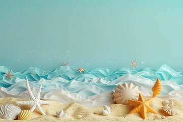 Obraz na płótnie Canvas A blue ocean with white starfish on the sand