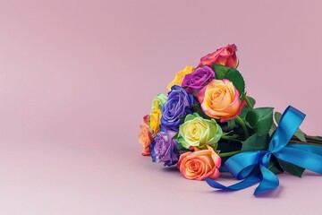 Ein liegender Rosenstrauß aus bunten Rosen mit einer blauen Schleife vor lila/rosa Hintergrund 