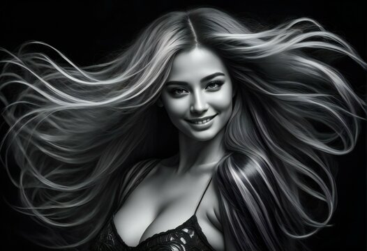 Portrait of a beautiful woman with long hair,  Black and white