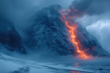 Molten Lava Flow on Rugged Terrain.