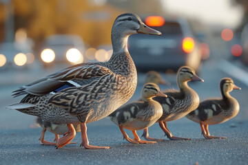 Mother Duck and Ducklings Crossing a Road. - obrazy, fototapety, plakaty