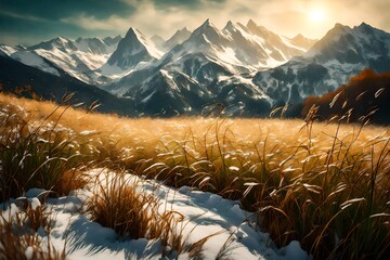 Blades of emerald-green grass swaying in the wind, set against the backdrop of distant snow-covered peaks in late autumn. - obrazy, fototapety, plakaty