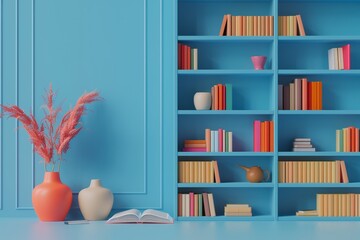 A colorful bookshelf with a book open on it
