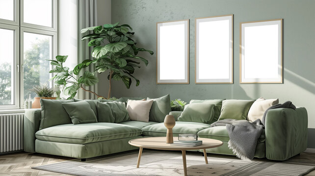 Living room interior and sage green sofa with poster mockup. 3d rendering