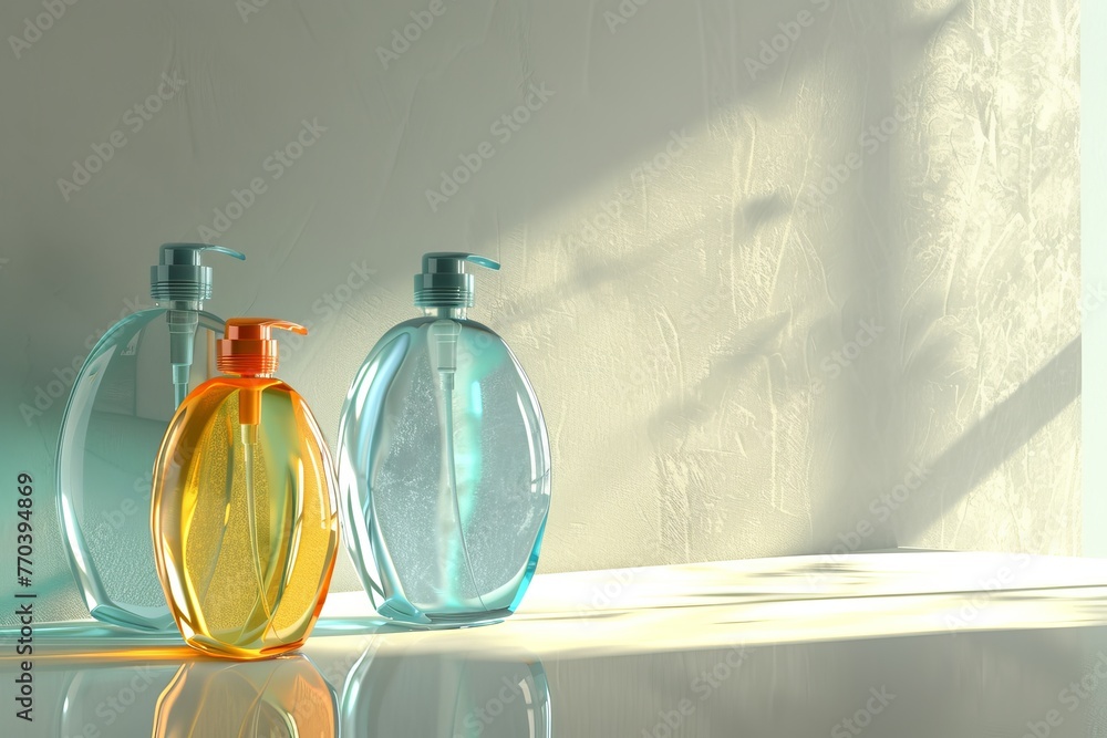 Poster a row of bottles of different colored liquids