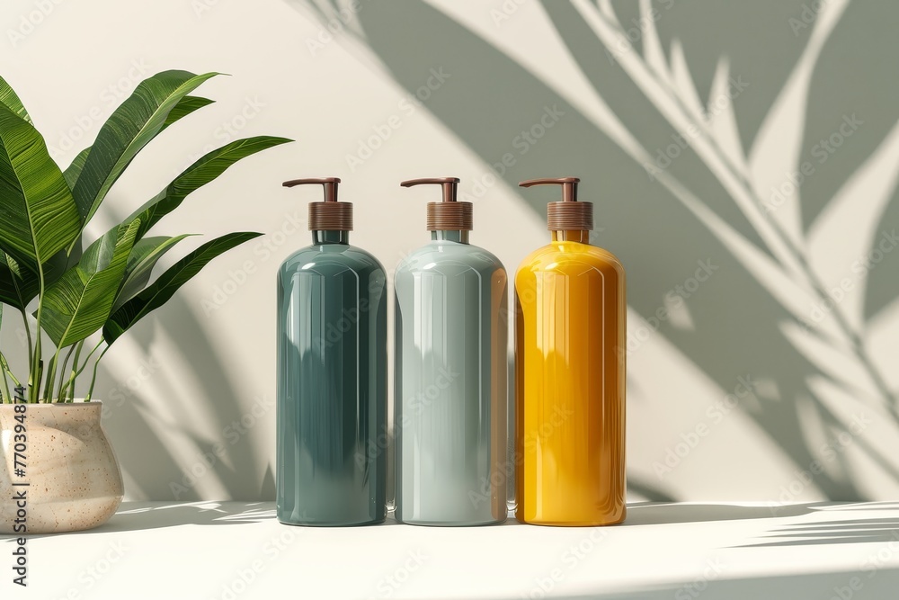 Poster a row of bottles of different colored liquids