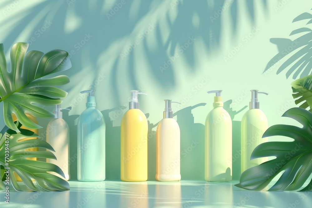 Poster a row of bottles of different colored liquids