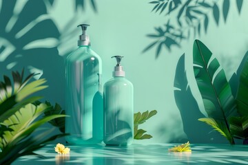 Two bottles of green liquid are on a table in front of green leaves