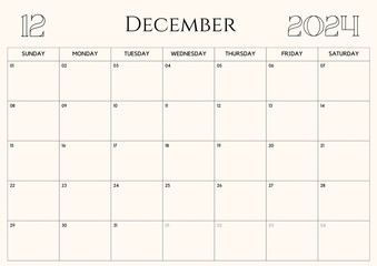 Printable Monthly Calendar Template for December 2024. Wall Calendar in a Minimalist Style. Week Starts on Sunday.